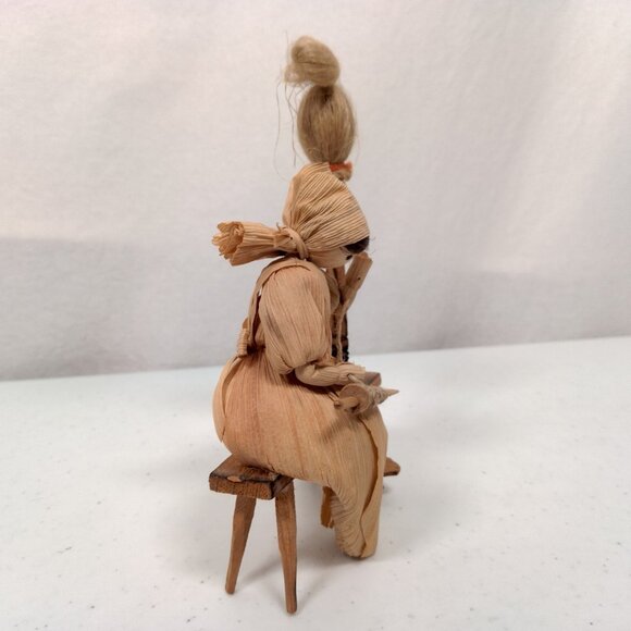 Vintage Hand Made Cornhusk Doll Pair Mom Daughter Woman Spinning Yarn Folk Art - Picture 7 of 16